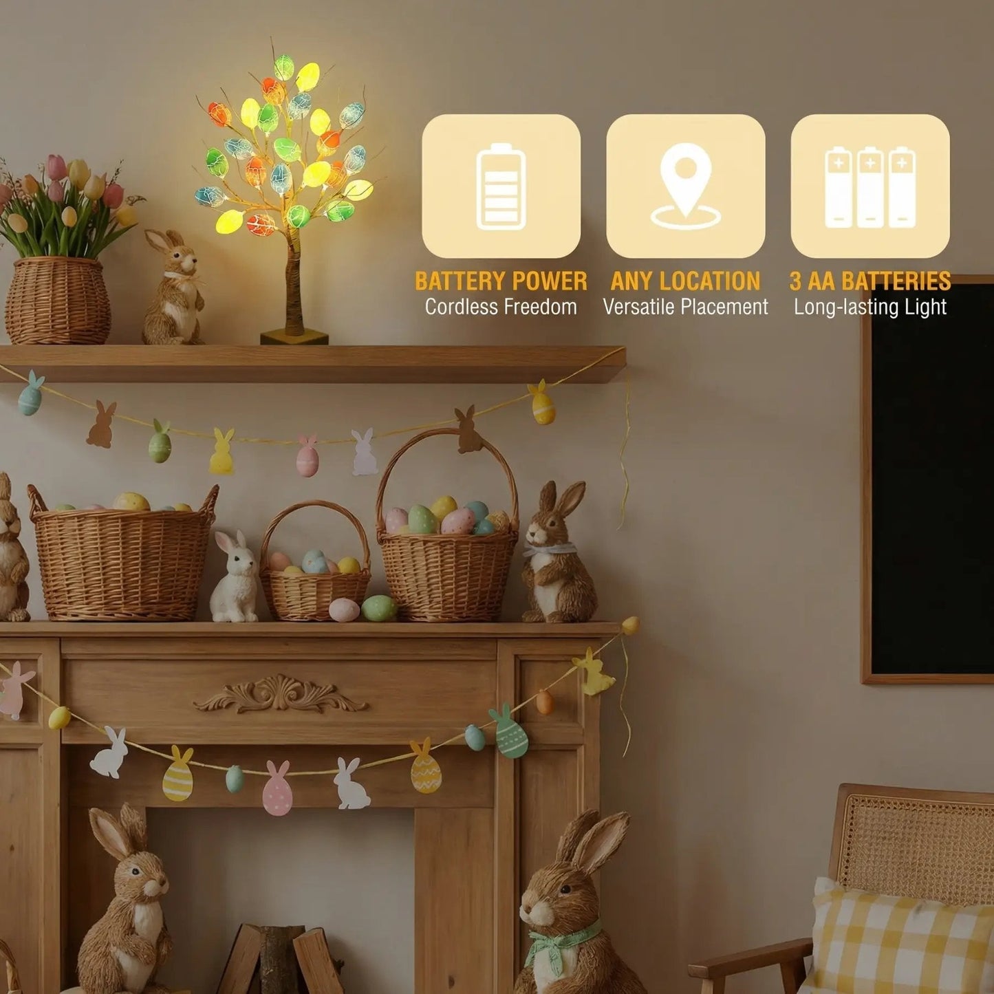 🌳Lighted Birch Egg Tree with 24 Colorful Eggs (2 FT)💡Brighten Your Easter & Spring