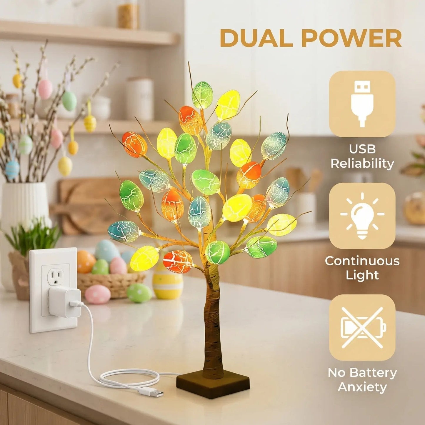 🌳Lighted Birch Egg Tree with 24 Colorful Eggs (2 FT)💡Brighten Your Easter & Spring