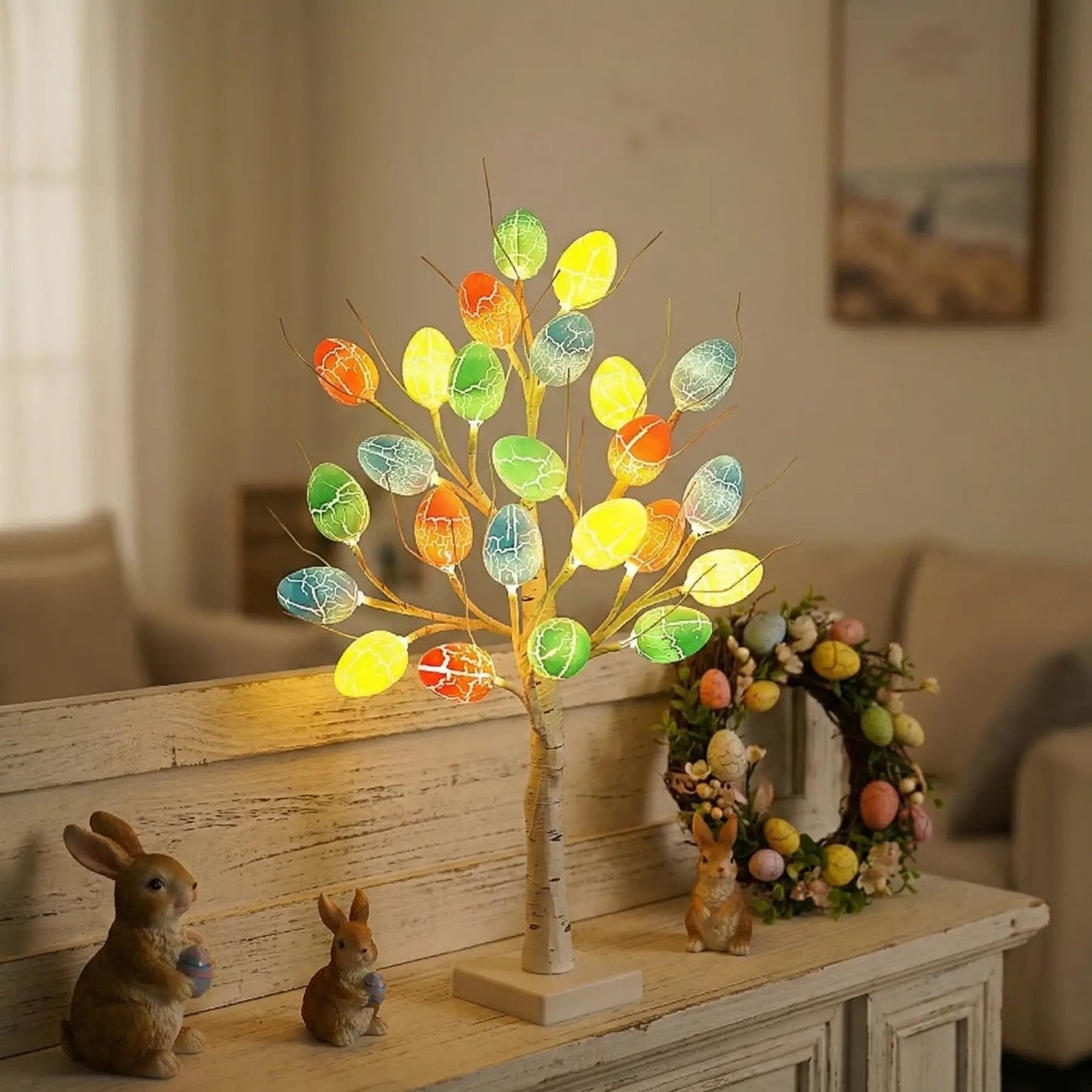 🌳Lighted Birch Egg Tree with 24 Colorful Eggs (2 FT)💡Brighten Your Easter & Spring